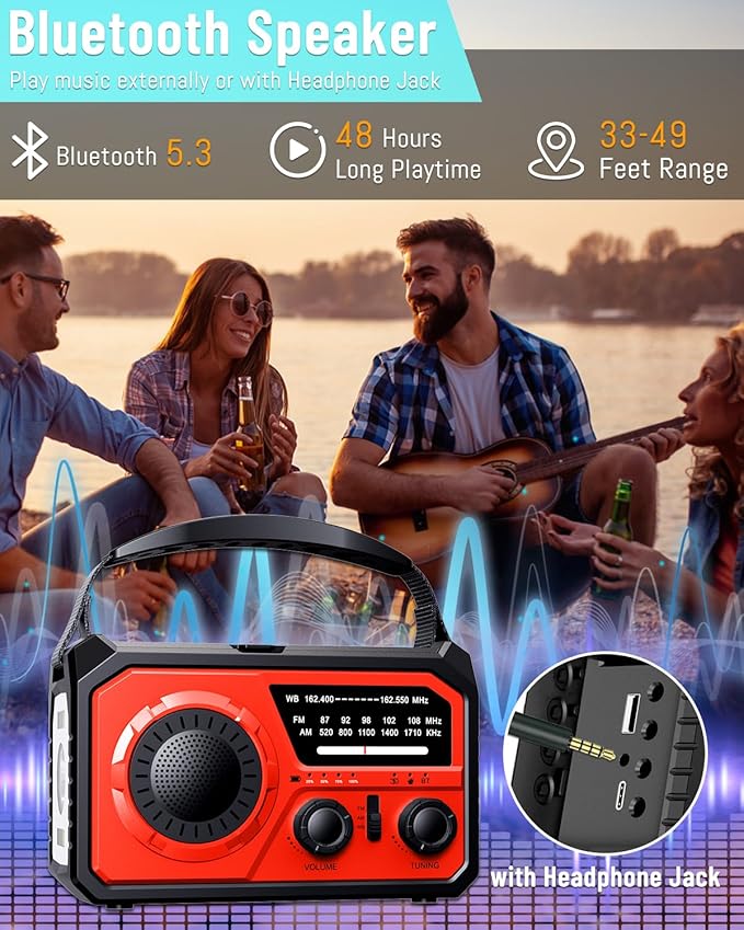 16000mAh Emergency Weather Radio, AM/FM/NOAA Weather Alert Radio Hand Crank/Solar/Type-C Fast Rechargeable Outdoor Radio with Reading Lamp/SOS Alarm/3 Mode Flashlight/Power Bank (Red)