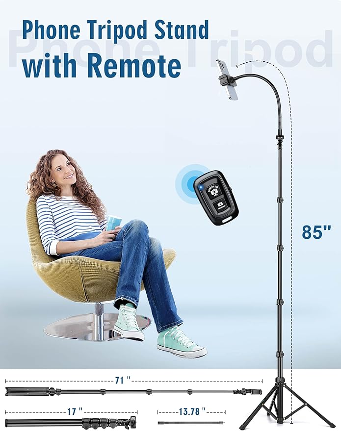 Nineigh Phone Tripod, 85" Tripod for Cell Phone iPhone with Gooseneck, Aluminum Tripods Stand for Video Recording Photo Vlog, Travel Cellphone Tripod with Remote Compatible with iPhone Android