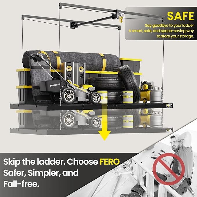 FERO Overhead Garage Storage Rack, 500 lb Capacity, 4x8 FT Garage Ceiling Storage Rack with Safety Lock, Heavy-Duty Ceiling Mounted Lift System, Drop-Down Garage Ceiling Organizer