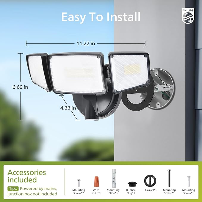 Philips 72W 7400LM LED Flood Lights Outdoor, Dusk to Dawn Aluminum Security Lights, 3 Adjustable Heads, Wall Mount, 5000K Daylight, Waterproof for Yard, Garage