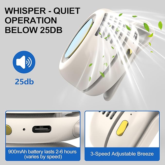 TFQXA1Z Portable Silent Clip On Bladeless Fan, Rechargeable Wearable Fan - Hands-Free Waist & Neck Cooling, 3 Speeds, 6H Runtime, USB-C Fast Charge (Green)