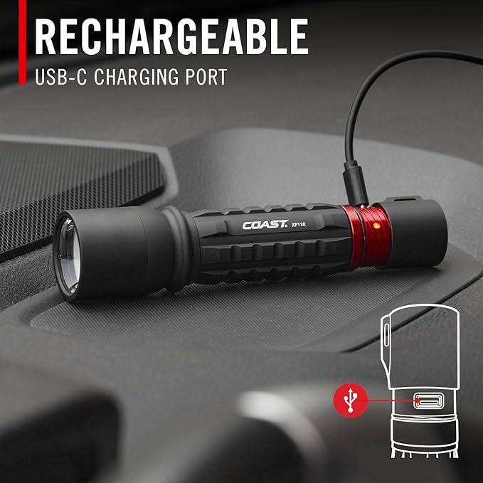 Coast XP11R 2600 Lumen USB-C Rechargeable LED Flashlight with Slide Focus® and Pure Beam® Focusing Optic, 4 Light Modes, Black