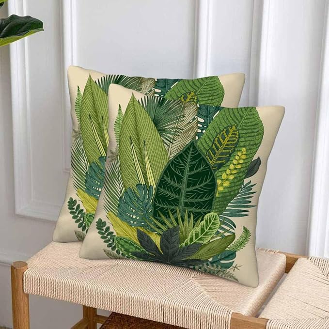 Tropical Leaves Palm 18x18 Throw Pillow Covers Set of 2 Green Tree Banana Leaf Alocasia Fern Monstera Cushion Pillow Cases Square Velvet Outdoor Decorative Home Bed Sofa Couch Office Hotel