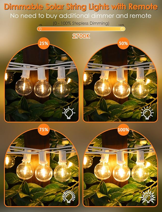 Larkvue 25FT Solar String Lights Outdoor with Remote, Waterproof Dimmable 3 Modes Patio Lights with 10+1 LED Shatterproof G40 Bulbs for Garden-White