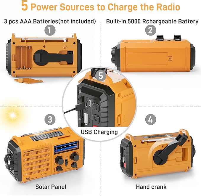 Eoxsmile Emergency Radio with NOAA Weather Alert, 5000mAh Solar Hand Crank Portable AM/FM Shortwave Radio, Rechargeable Battery Powered, USB Charger, Flashlight, SOS Alarm for Home Outdoor Survival