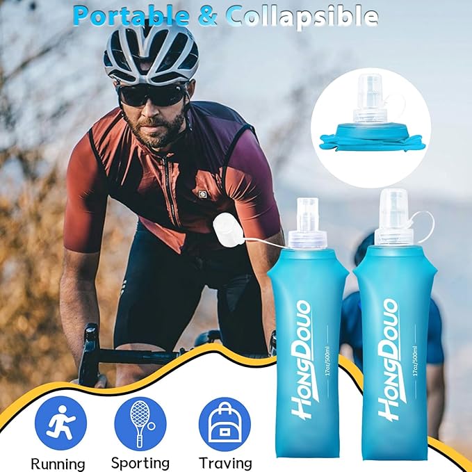 2 Packs Soft Flask, 17oz/500ml TPU Collapsible Soft Water Bottle for Hydration Pack, Running Vest, BPA-Free Folding Water Bottles for Hiking Cycling Climbing Running Outdoor Sports