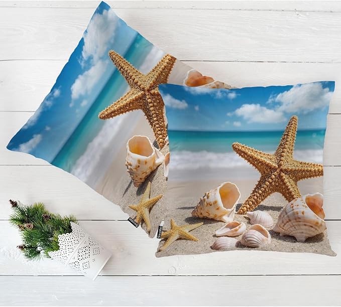 Swono Starfish Decorative Throw Pillow Cushion Covers, Ocean Beach Starfish Seashells Cosy Pillowcase Home Decor, Double-Sided Printed Pillow Covers for Bedroom Livingroom Office 18x18 Set of 2