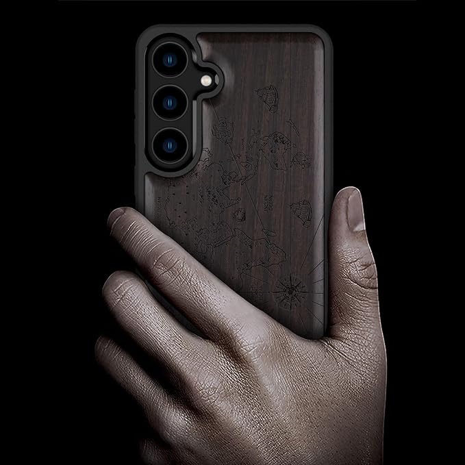 Carveit Wood Case for Galaxy S24 Plus Case [Natural Wood & Black Soft TPU] Shockproof Protective Cover Unique Wooden Design Compatible with S24 Plus (World Map-Blackwood)