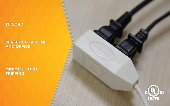 Woods SlimLine Extension Cord - 16/2 Indoor Flat Plug with Right Angled Design - 3 Grounded Outlets - Space Saving Profile - UL Listed - 13 Amp - 125 Volt - White - 13 Feet