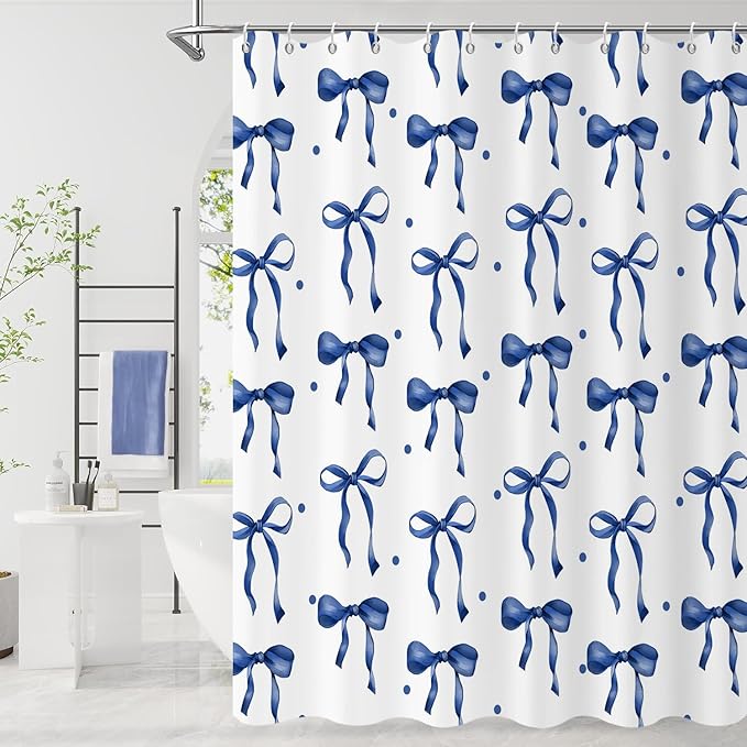 Navy Bow Shower Curtain, Navy and White Modern Aesthetic Bowknot with Polka Dot Cute Girly Bathroom Curtain Waterproof Fabric Machine Washable with Hooks, 65" Wx72 L