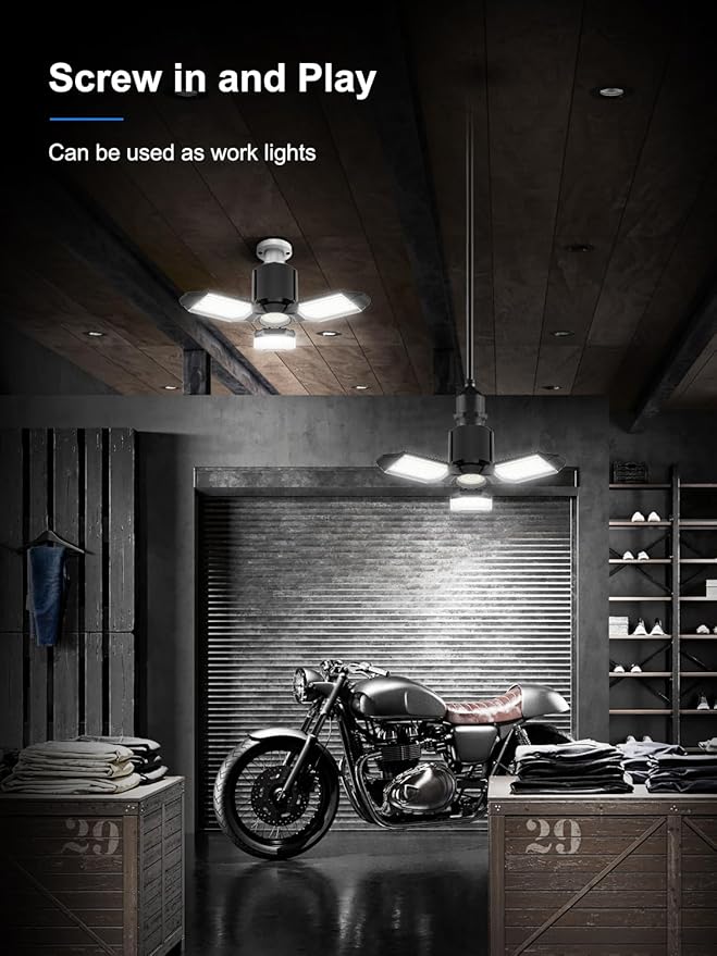 toberich LED Garage Light Bulbs 2 Pack, 8000LM Shop Lights with 3+1 Deformable Panels, 6500K Screw in Ceiling Lights Bay Lighting for Garage, Workshop, Workbench, Basement