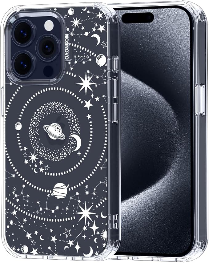 MOSNOVO Case for iPhone 15 Pro, [Buffertech 6.6ft Military-Grade Drop Protection] [Anti Peel Off Tech] Clear TPU Bumper Phone Case Cover Design - Galaxy