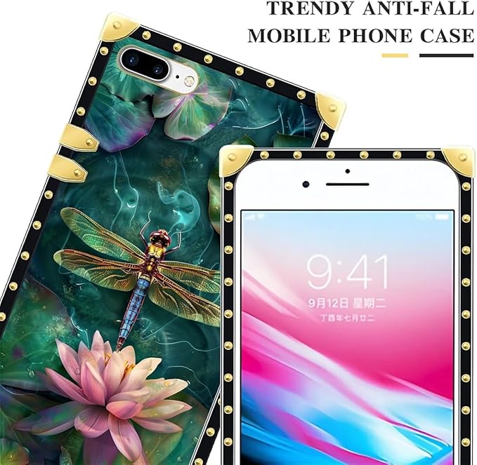 Compatible with iPhone 8 7 SE Case, Colourful Dragonfly Pink Lily Pads Luxury Golden Decoration for Girl Women Soft TPU Shockproof Protective Hard PC Back for iPhone 8 7 SE