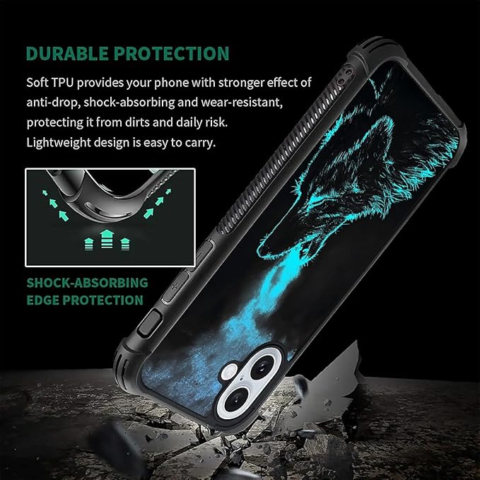 for iPhone 16 Plus Case, Blue Breathing Wolf Pattern Graphic Design Girl Boy Soft Silicone Hard Acrylic Shock Protection for iPhone 16 Plus
