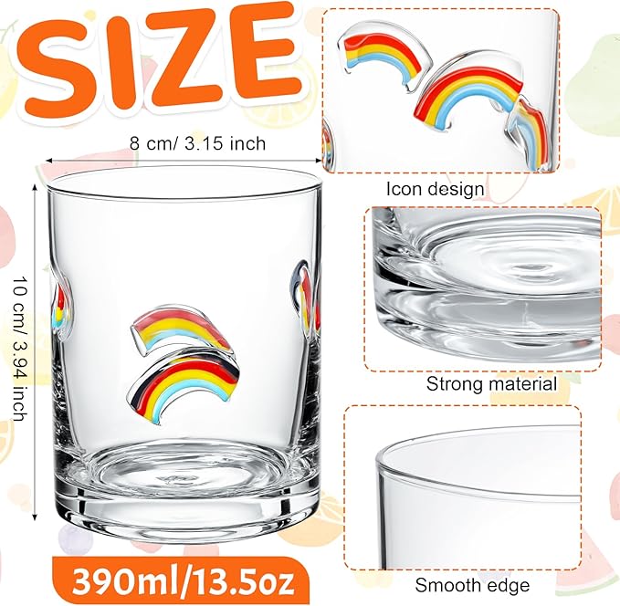 Skylety 2 Pcs Rainbow Icon Juice Glasses Gay Pride Gifts Drinking Cups Old Fashioned Stemless Wine Glasses 13.5 oz Whiskey Cocktail Coffee Mugs for Christmas Party Gift Decor