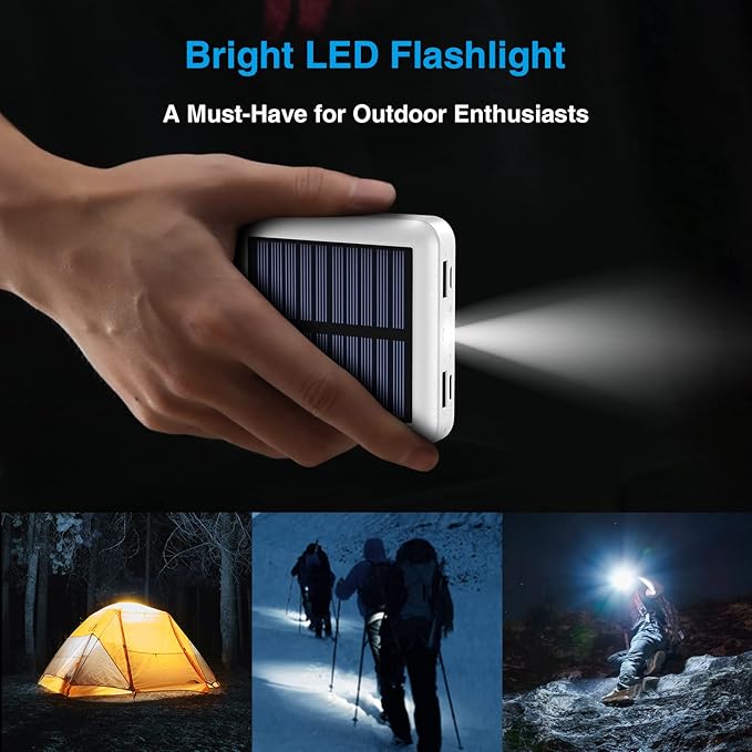 Solar Portable Charger 12000mAh, Small Solar Power Bank, USB C Input/Output External Battery with Built-in 4 Cables, Two-Hand Flashlight, Suitable for iPhone, Tablet Computers and Samsung