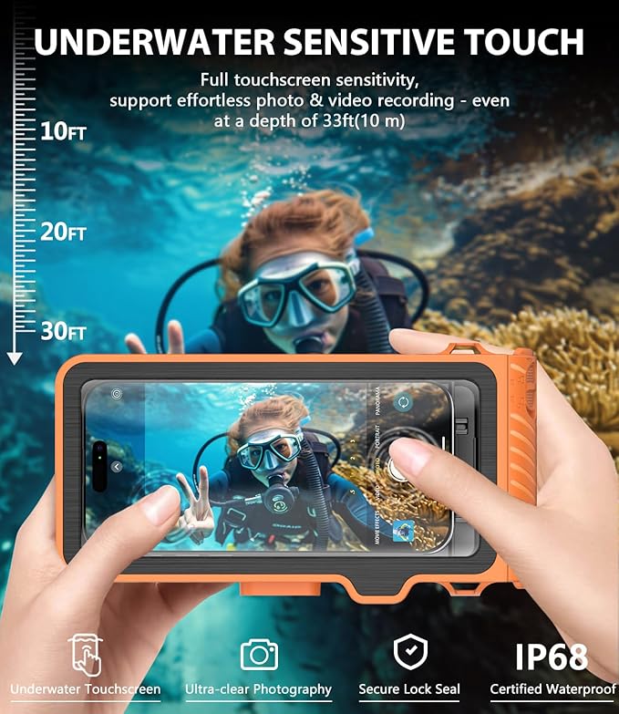 Waterproof Phone Case for Snorkeling - Underwater Touchscreen Housing, Universal Underwater Photo&Video Diving Case for iPhone 17/16/15/14 Pro Max Samsung Galaxy S25/S24 Ultra Up to 6.9'' Orange