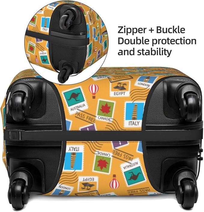 World Map & Stamps Print Elastic Luggage Cover, Suitcase Protector For Travel (Fits 25-28 Inch Luggage)