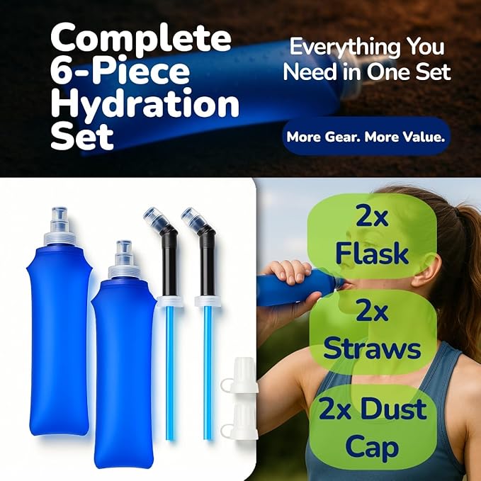 TPU Soft Flask 500ml with Straw & Cap, 2 Pack Collapsible Sports Water Bottles, BPA Free Running Water Bottle with Straw, Lightweight Foldable Flask for Running, Hiking, Trail & Outdoor Activities