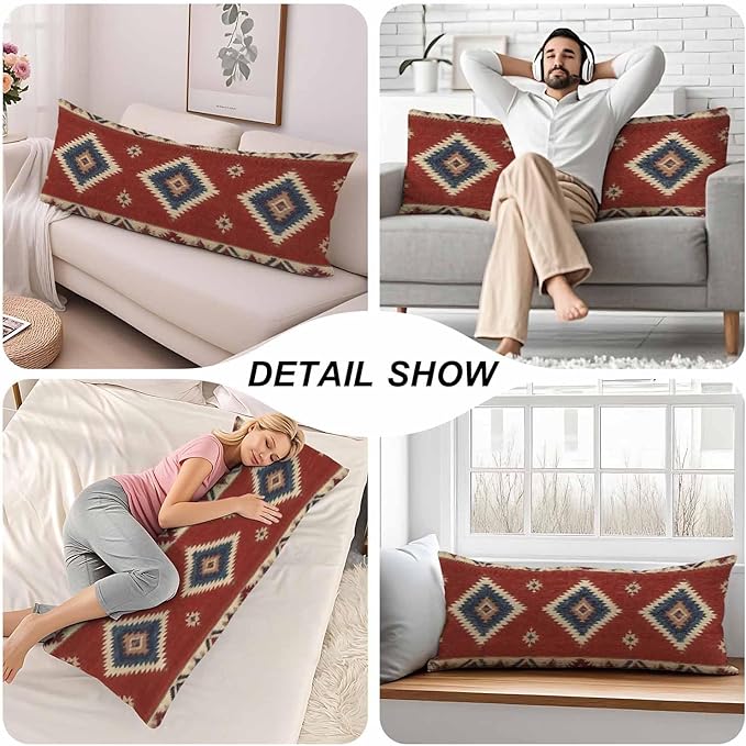 Decorative Body Pillow Covers 20x54inch Ethnic Red, Southwest Native American Style Chevron Body Pillow Case Cushion Cover Wrinkle Fade Body Pillowcases for Bed/Sofa/Couch/Patio/Balcony