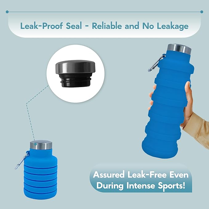 Collapsible Water Bottles 12oz, Odorless BPA-Free Silicone, Leak-Proof Foldable Reusable Bottle - Perfect for Travel Sports Gym Hiking Camping Cycling - Light Blue