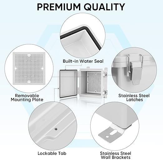 TICONN Waterproof Electrical Junction Box IP67 ABS Plastic Enclosure with Hinged Cover with Mounting Plate, Wall Brackets, Cable Glands (Off-White, 5.9"x5.9"x3.5")