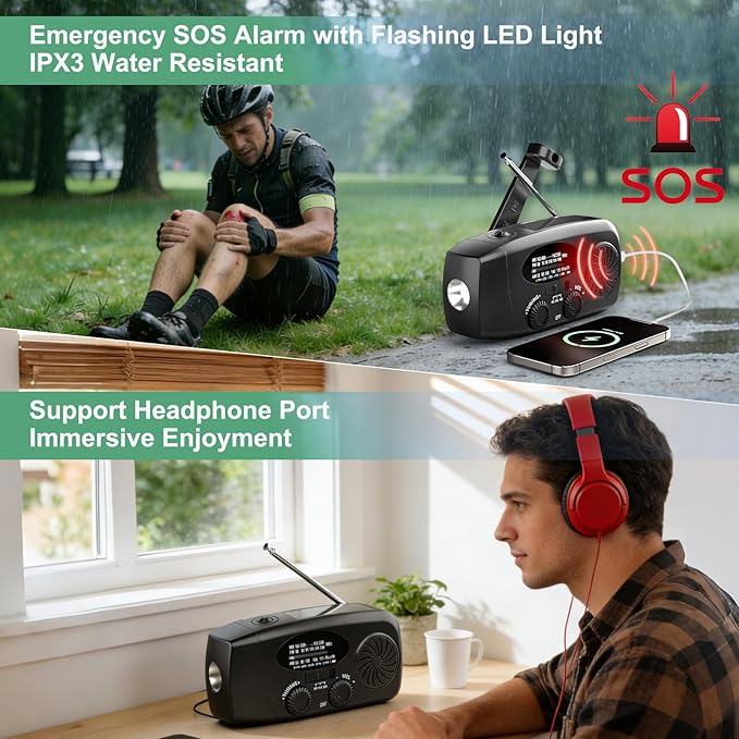 Weather Emergency Radio, Portable Solar AM/FM/NOAA Hand Crank Radio, Cell Phone Charger with SOS, 1W LED Flashlight, Headphone Jack, Power for Emergency Preparedness (Black)