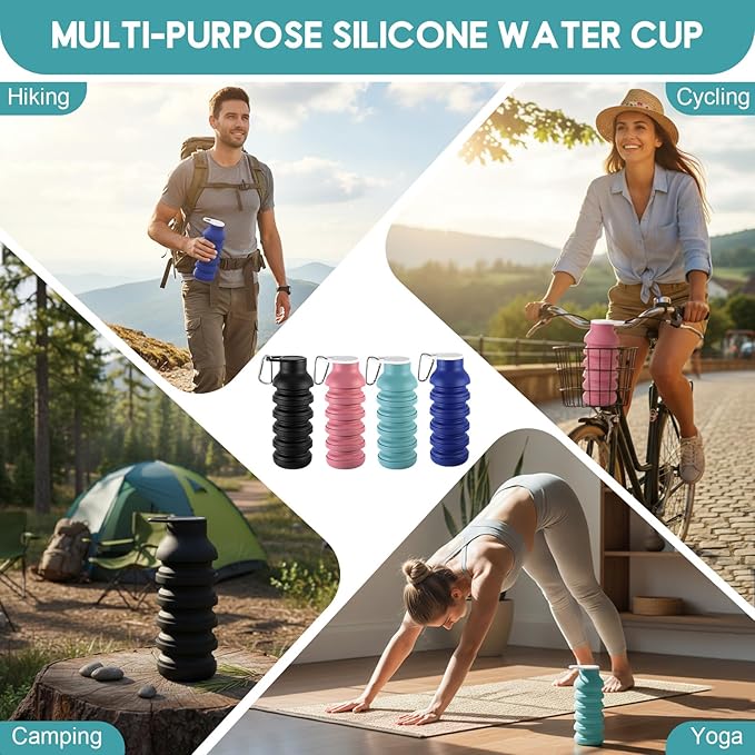 LemonRoad 4 Pcs 20 oz Portable Collapsible Water Bottles Reusable Silicone Foldable Water Bottle Lightweight Leakproof Expandable for Gym Traveling Camping Hiking Sports (Multicolor)