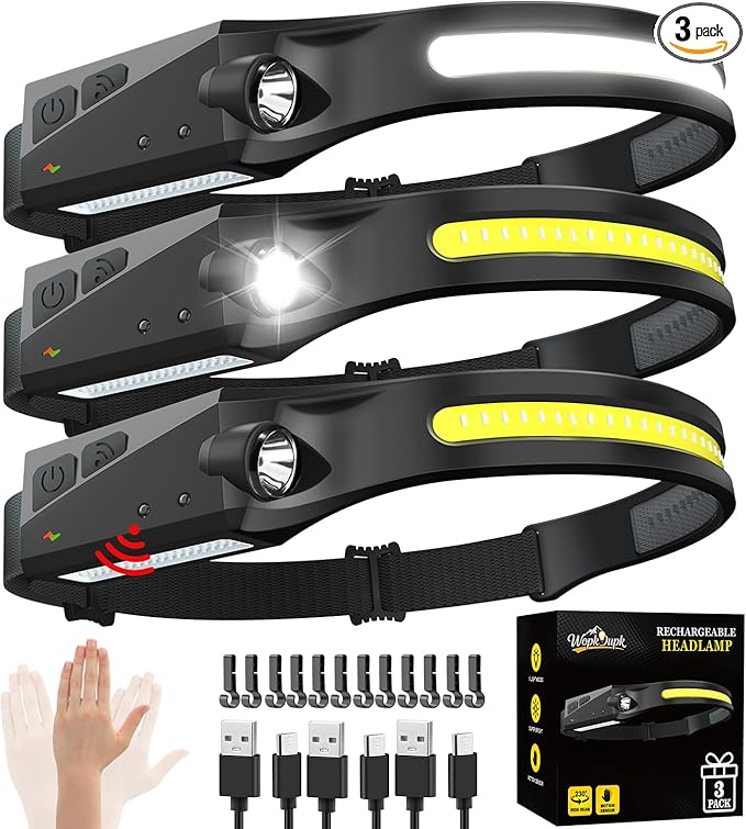 Rechargeable Headlamp 3PCS, 230° Wide Beam Head Lamp, Motion Sensor LED Headlamp Rechargeable, 5Mode Bright Headlamps for Adults, Head Lights for Forehead, Hard Hat Headlight, Camping Essentials Gear