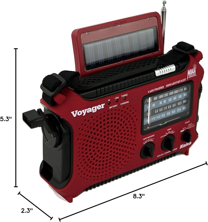 Kaito KA500IP-RED Voyager Solar/Dynamo AM/FM/SW NOAA Weather Radio with Alert and Cell Phone Charger, Red