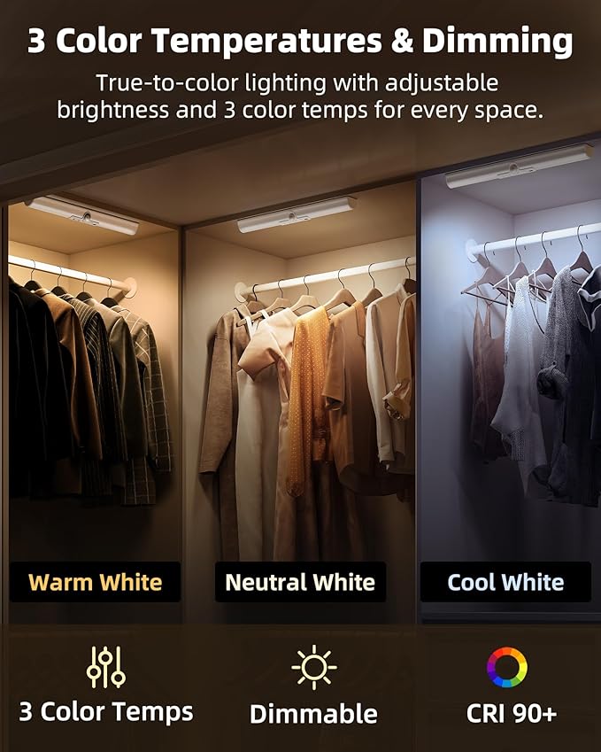 EZVALO 13-inch Motion Sensor Closet Light with Eye-Protection Design, 1800mAh Rechargeable Under Cabinet Lighting, 3 Color Temps Night Light for Pantry, Closet - 3 Pack