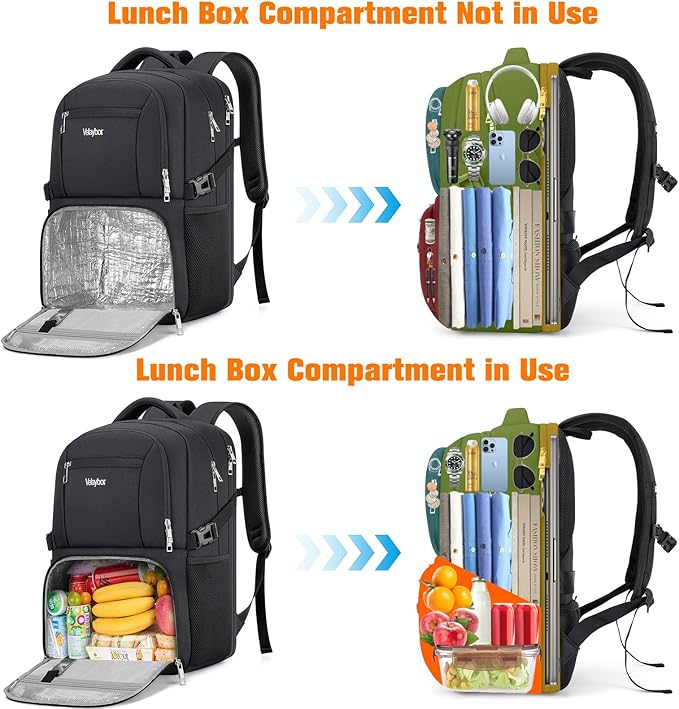 Insulated Lunch Backpack Fit 17" Laptop, Work Backpack with Lunch Box & USB Charging Port for Men & Women, Water Resistant College Computer Bag for Travel, Business, Hiking (Black)