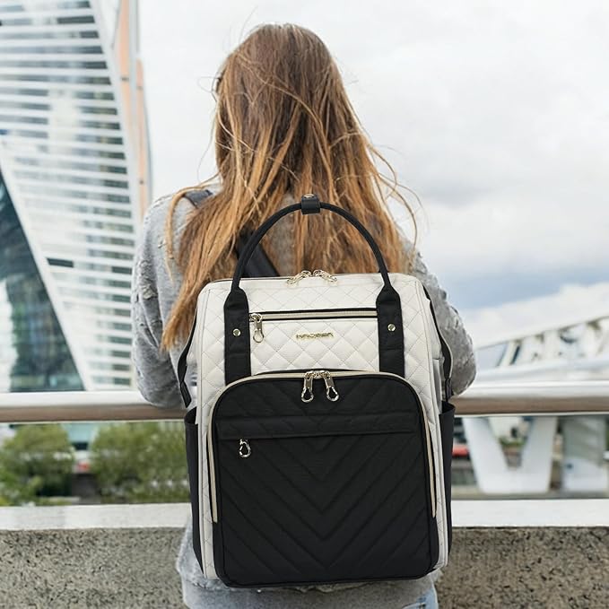 KROSER Laptop Backpack 17" Stylish Backpack Water Repellent College Casual Daypack Travel Business Work Bag for Men/Women-Beige/Black