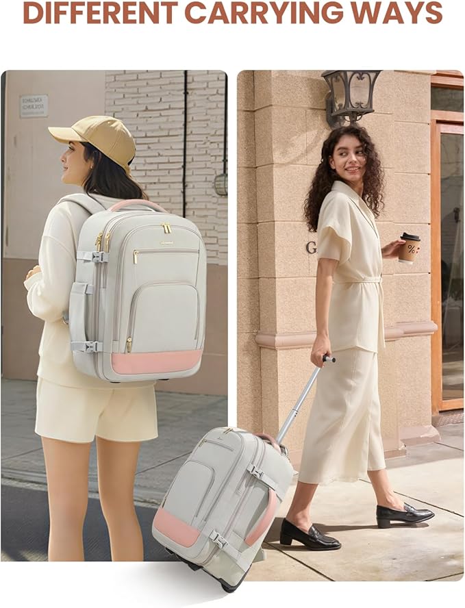 LOVEVOOK 50L Rolling Backpack with Wheels, 18 Inch Carry On Luggage for Women, Water Resistant Wheeled Travel Backpack, Flight Approved Underseat Trolley Bag for Business, Overnight Trips, College