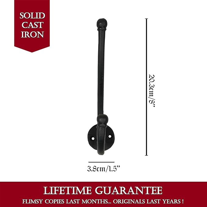 Mystic Colonial Rustic Cast Iron Wall Hooks, Heavy Duty Retro Utility Hanger, Multi Purpose Wall Mount Hooks for Hanging Coat, Bag, Towel, Robe, Hat, Pack of 2-8"" x 1.5"""