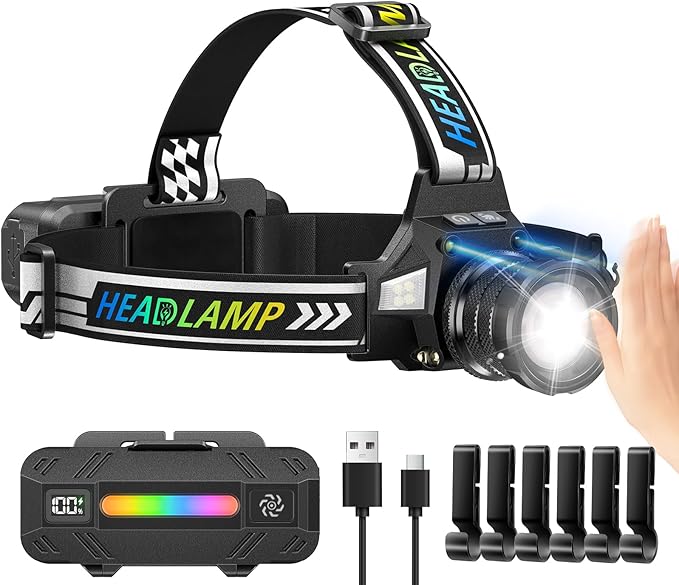 TDT Rechargeable Headlamp with White/Green/UV/Black Light LED Head Lamp,High Lumens Super Bright 24 Modes Comfortable Waterproof Headlight for Hardhat Hunting Hiking Pet Urine Detection(3-Color-5)