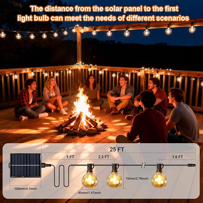 Nisocy 25FT Solar String Lights Outdoor Waterproof with Remote & Timer, LED Shatterproof G40 Bulbs, Solar Powered Patio Lights for Outside Decor, Backyard, Porch, Garden, Wedding