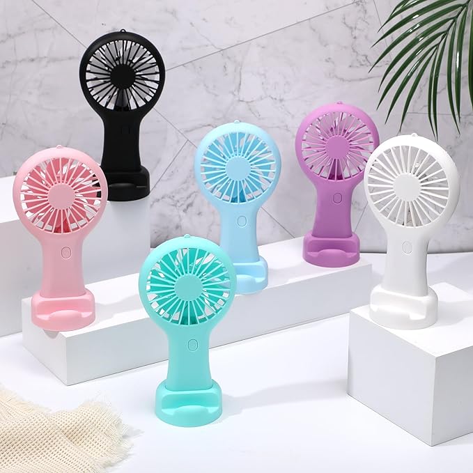 Woanger 12 Pcs Mini Handheld Fan Bulk 3 Speed USB Electric Battery Operated Small Portable Pocket Fan with Data Cable and Mounting Base Quiet Summer Gift(White, Pink, Blue, Black, Green, Purple)