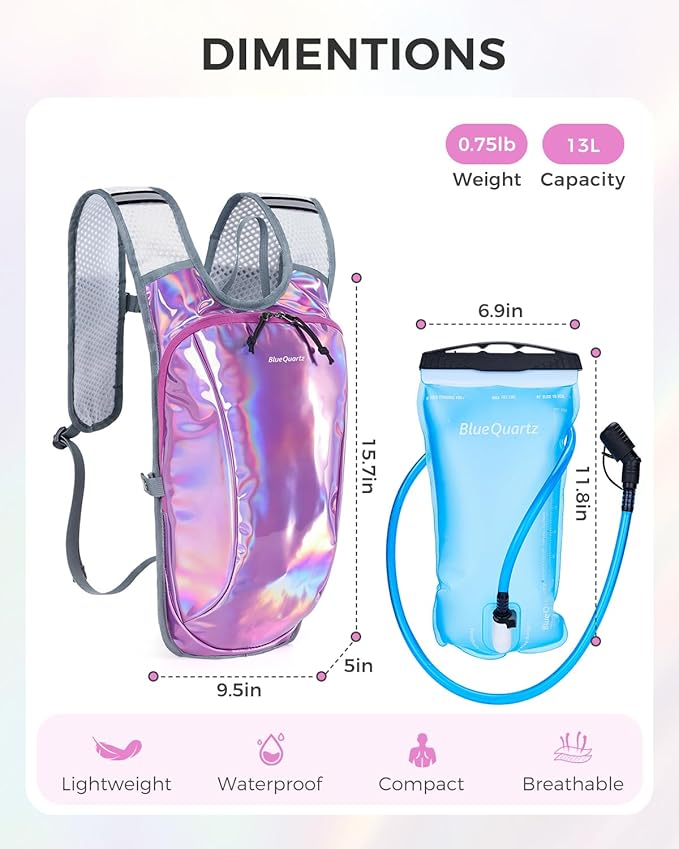 Blue Quartz Rave Hydration Backpack, Reflective Hiking Pack with 2L Water Bladder & Phone Pocket, Hydro Pack with Insulated Compartment for Festival Running Cycling for Men Women