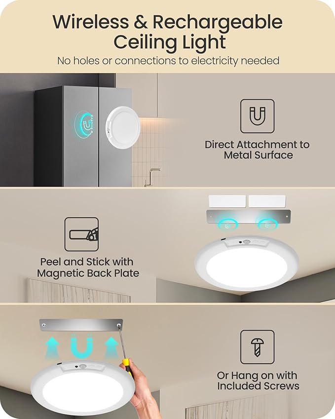 4 Pack Rechargeable Motion Sensor Ceiling Lights with Remote, Wireless Ceiling Light Battery Operated, Magnetic, 3CCT, Dimmable Shower Light, Motion Activated Light for Closet Bathroom Stairs Pantry