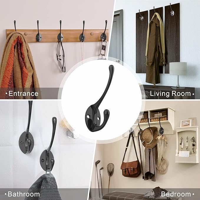 Heavy-Duty Metal Coat Hooks for Wall, 10-Pack Black Wall Mounted Hooks with 20 Screws, Double Robe Hooks for Coat, Hat, Robe, Towel, Entryway, Bathroom, Kitchen