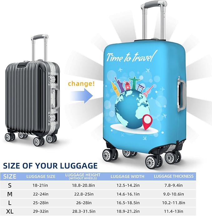 Travel Luggage Cover with Time to Travel Print, World Landmarks Design, Elastic Suitcase Protector for Suitcases (Fits 18-21 Inch Luggage)