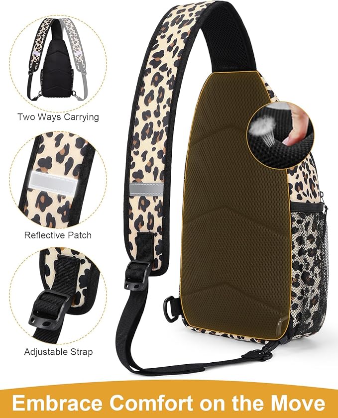 Pritent Crossbody Bags for Women Man Waterproof Sling Bag Backpack Trendy Casual Cross Body Bag with Convertible Shoulder Strap Chest Bag for Camping Hiking Travel Essentials (Leopard, Large )