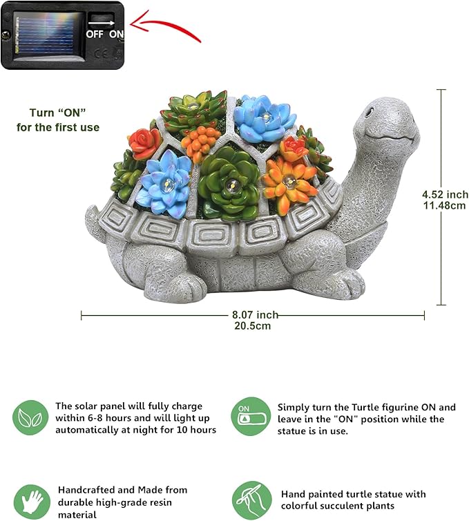 Nacome Solar Garden Outdoor Statues Turtle with Succulent and 7 LED Lights - Lawn Decor Statue for Patio, Balcony, Yard Ornament - Gifts for Mom Grandma Women