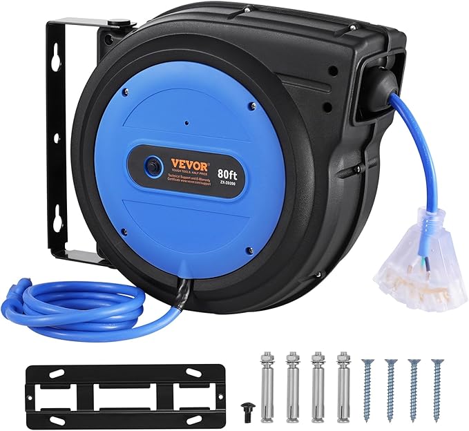 VEVOR 80FT Retractable Extension Cord Reel, 12AWG/3C SJTOW Heavy Duty Power Cord w/Lighted Electrical Triple Tap Outlets, 15A Circuit Breaker,180° Swivel Bracket for Workshop or Garage, Blue