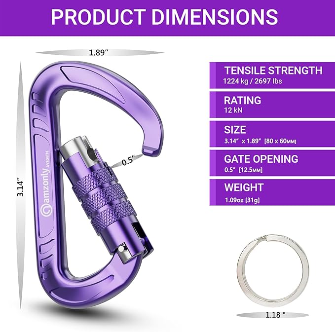 3inch Auto Locking Carabiner Clips Heavy Duty, 12KN /2697lbs Lightweight keychain carabiners, Sturdy Twist Lock Caribeeners for Camping Hiking Hammock Swing Backpack, dog leash and Harness etc