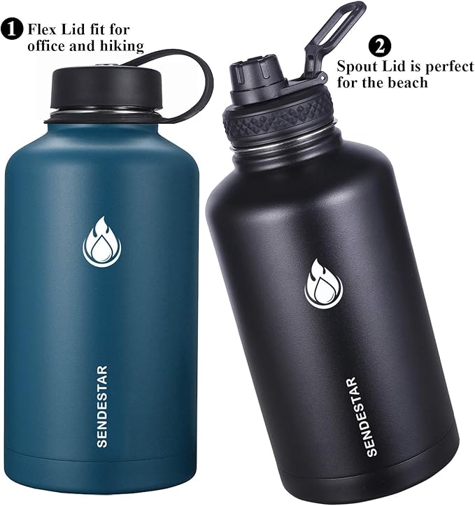 SENDESTAR 64 oz Water Bottle Double Wall Vacuum Insulated Leak Proof Stainless Steel Beer Growler +2 Lids—Wide Mouth with Flat Cap & Spout Lid Includes Water Bottle Pouch (Cobalt)