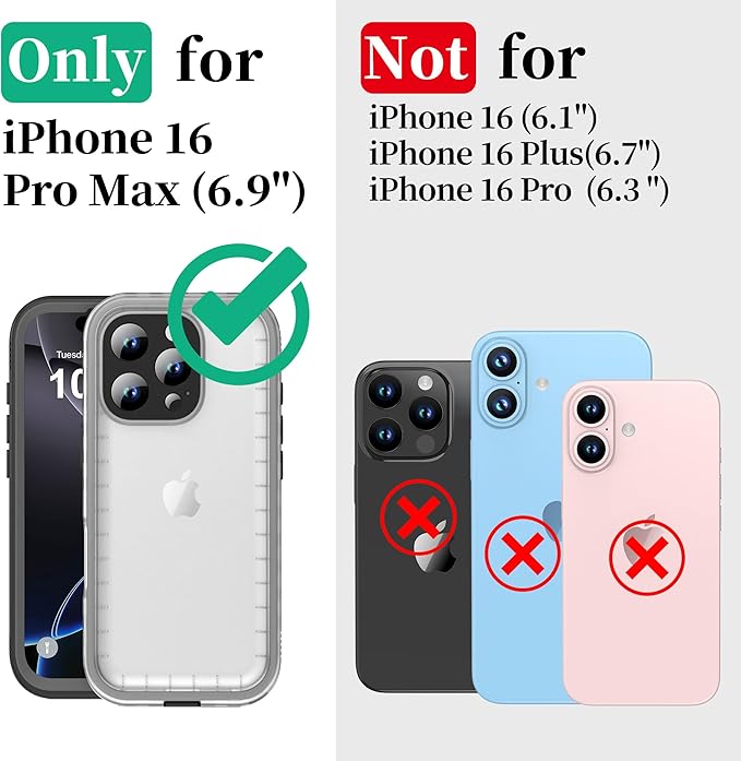 Cozycase for iPhone 16 Pro Max Case Waterproof - 360 Heavy Duty with Screen/Camera Protector Shockproof IP68 Underwater Dustproof Water Shock Proof Full Body/Front and Back Case Black/Frosted Clear