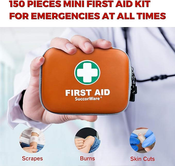 SuccorWare 150 Pieces Mini First Aid Kit - Small Medical Kit with Hard Shell - Emergency First Aid Kit for Car, Travel, Home, Outdoor, Office, Camping, Hiking (Orange)