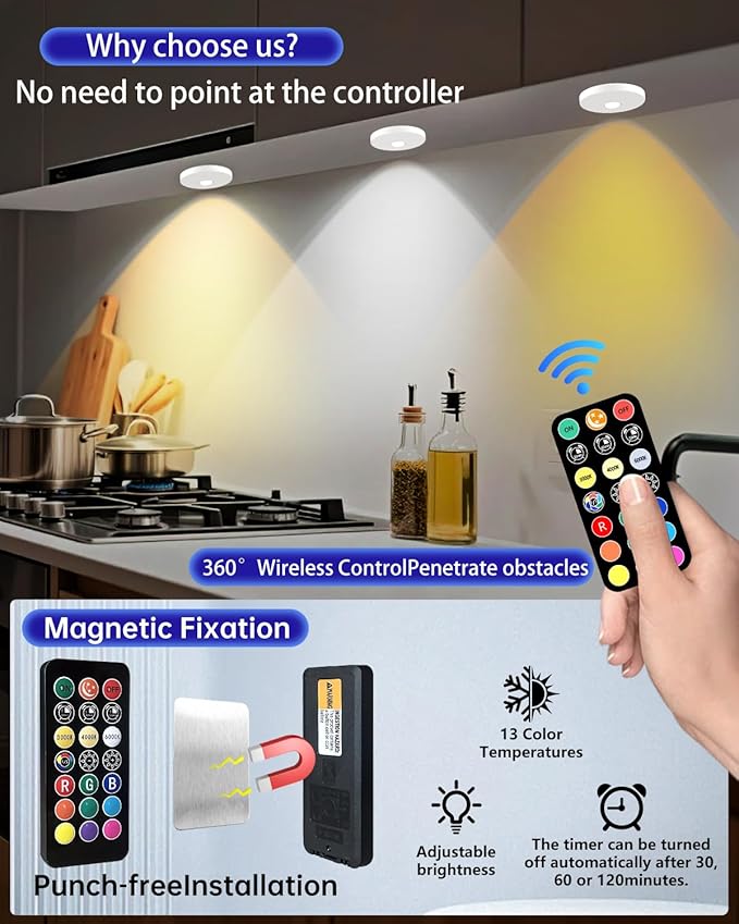 Puck Lights with Remote, 2000mAH Battery Operated, Rechargeable Shelf Light, Wireless,Color Changing Magnetic Light, Display Curio Cabinet,Bookcase,Under Cabinet Lighting (White, 3PACK)